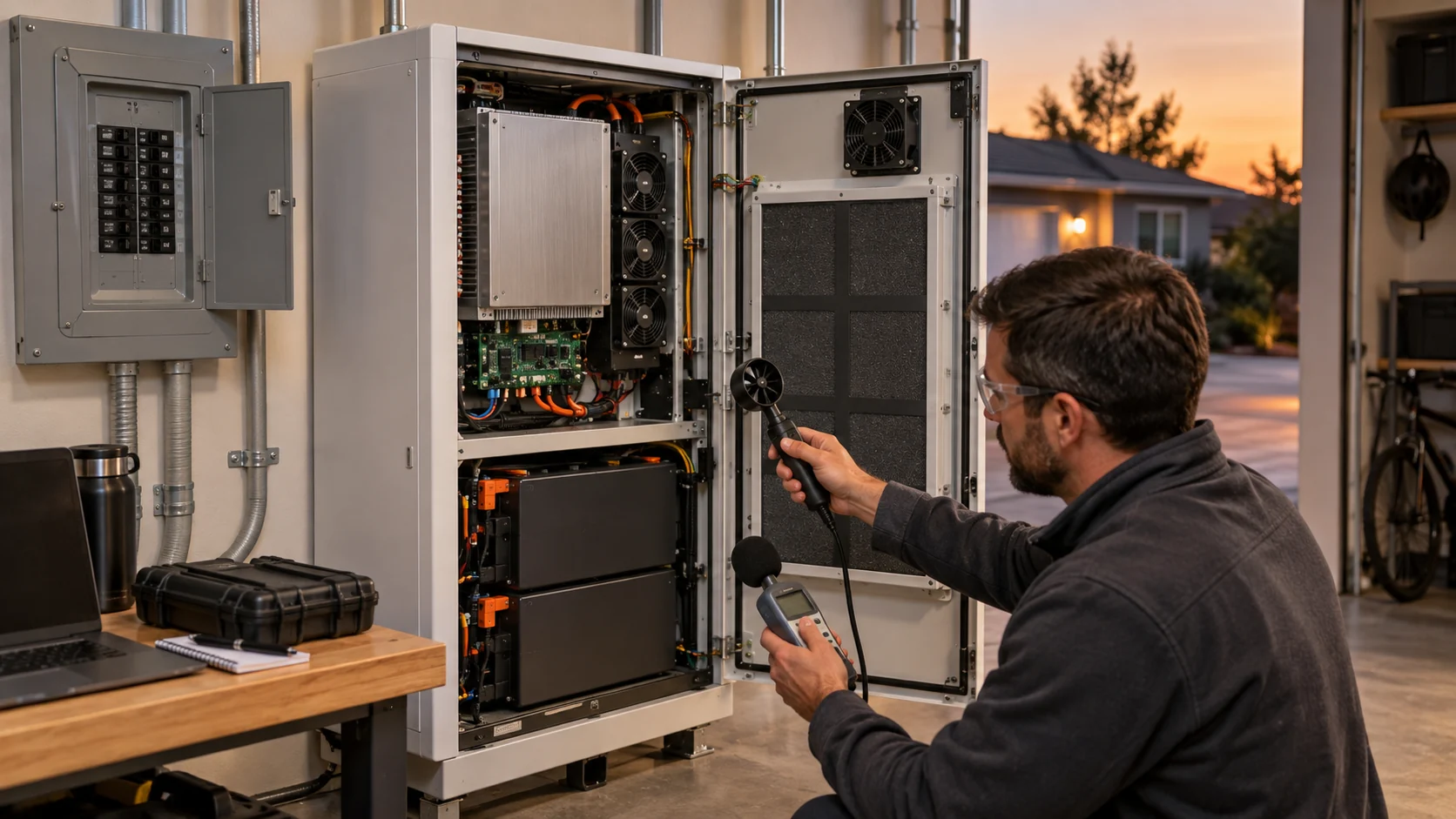 Engineer measuring airflow and noise on an open residential energy storage inverter cabinet