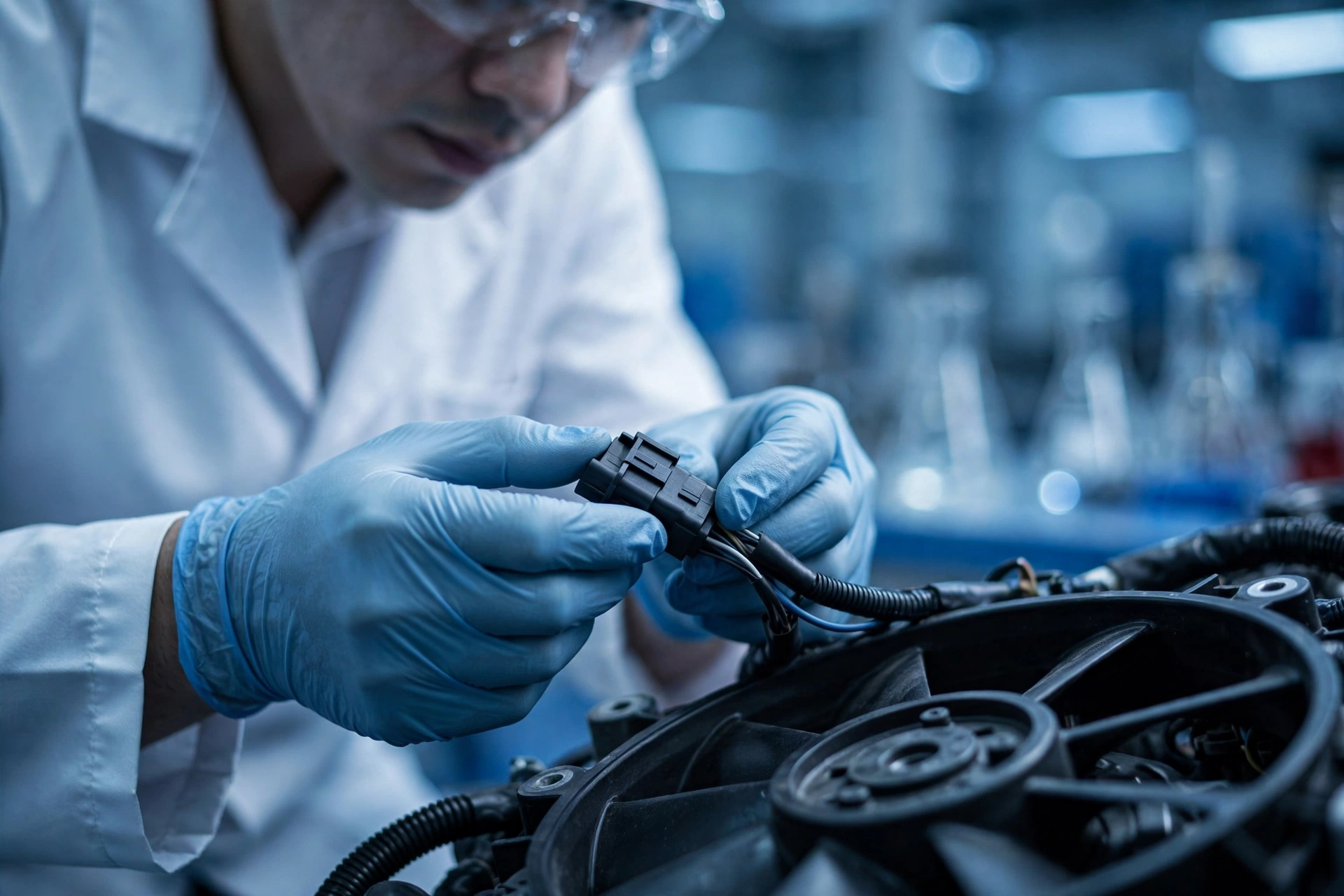 Engineer inspecting the locking connector and wiring harness of an automotive cooling fan