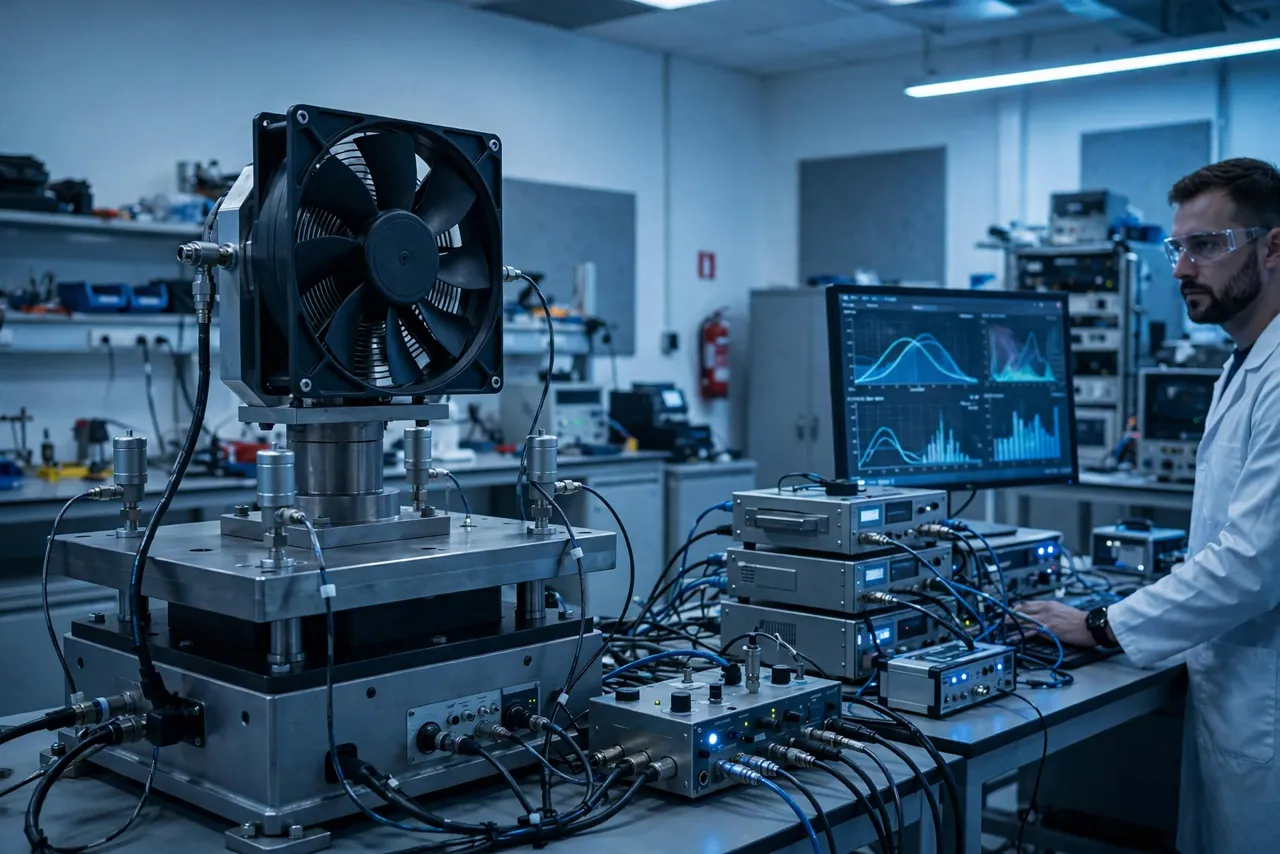 Automotive cooling fan mounted on a vibration shaker table with accelerometers attached