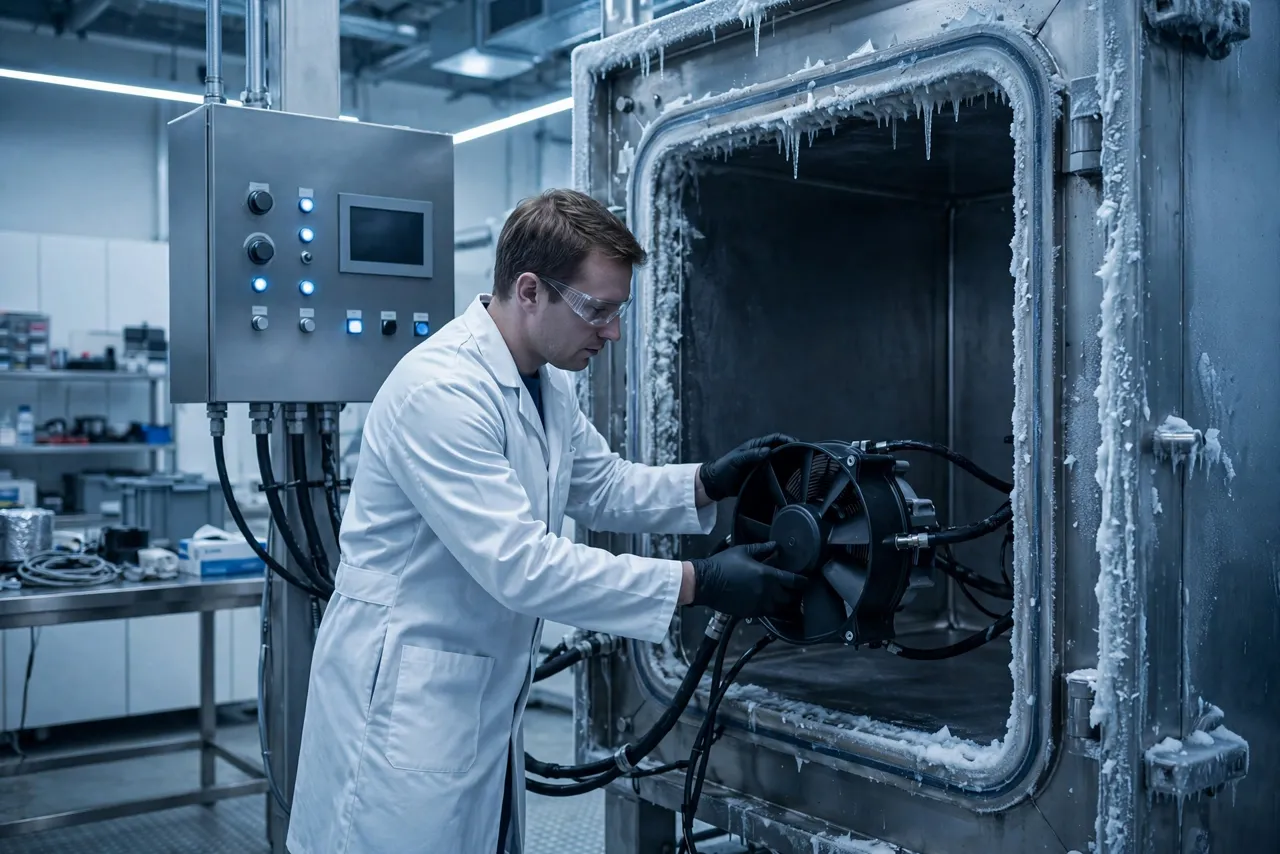 Engineer testing a vehicle cooling fan in a thermal chamber