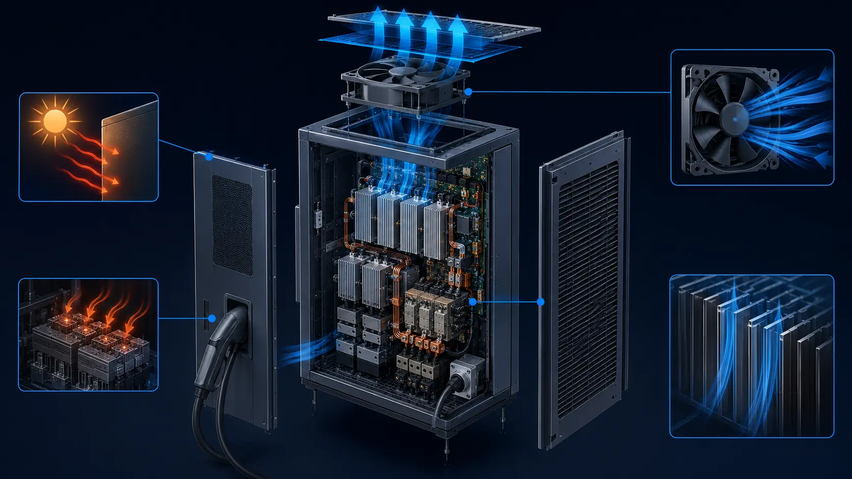 DC fast charger cabinet with a high-static-pressure fan exhausting waste heat