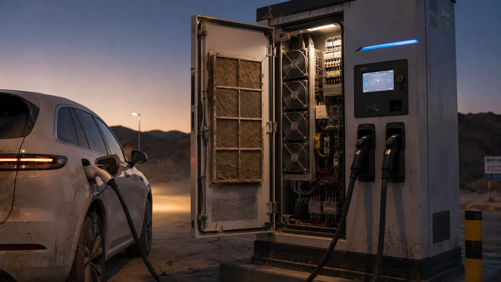 Outdoor DC fast-charging station at dusk with an open cabinet exposing the cooling fans and dust-loaded filter that decide the charger's life