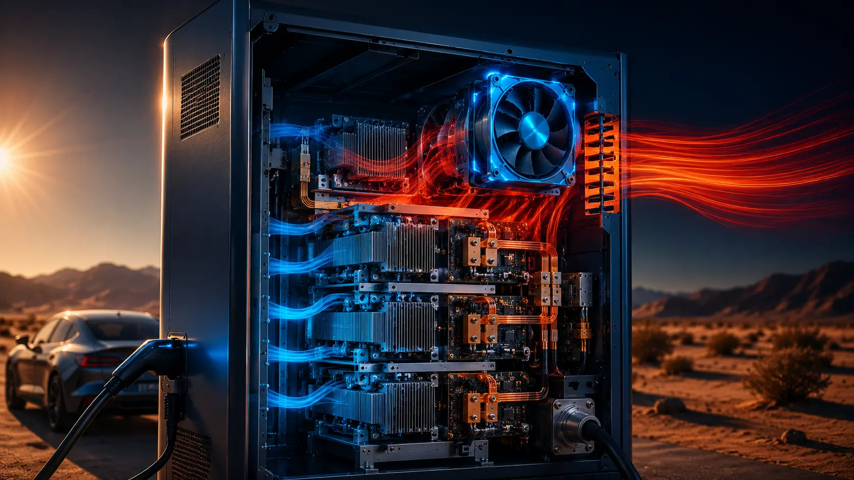 EV fast-charger cabinet with several power-electronics cooling paths used to review fan redundancy and heat balance