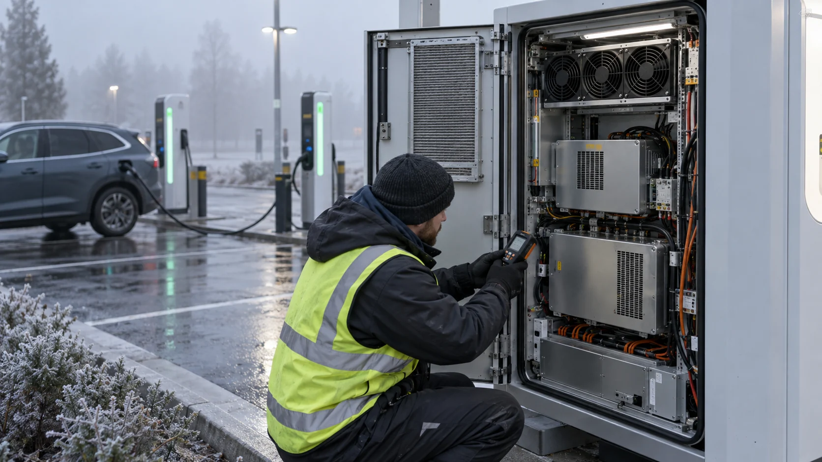 Engineer measuring an outdoor EV fast-charger cabinet in cold humid weather with compact cooling fans visible