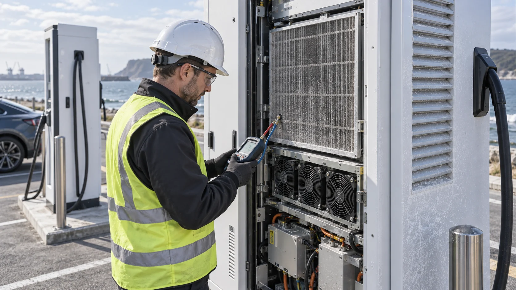 Engineer measuring filter pressure and cooling fan condition inside an outdoor DC fast charger near the coast