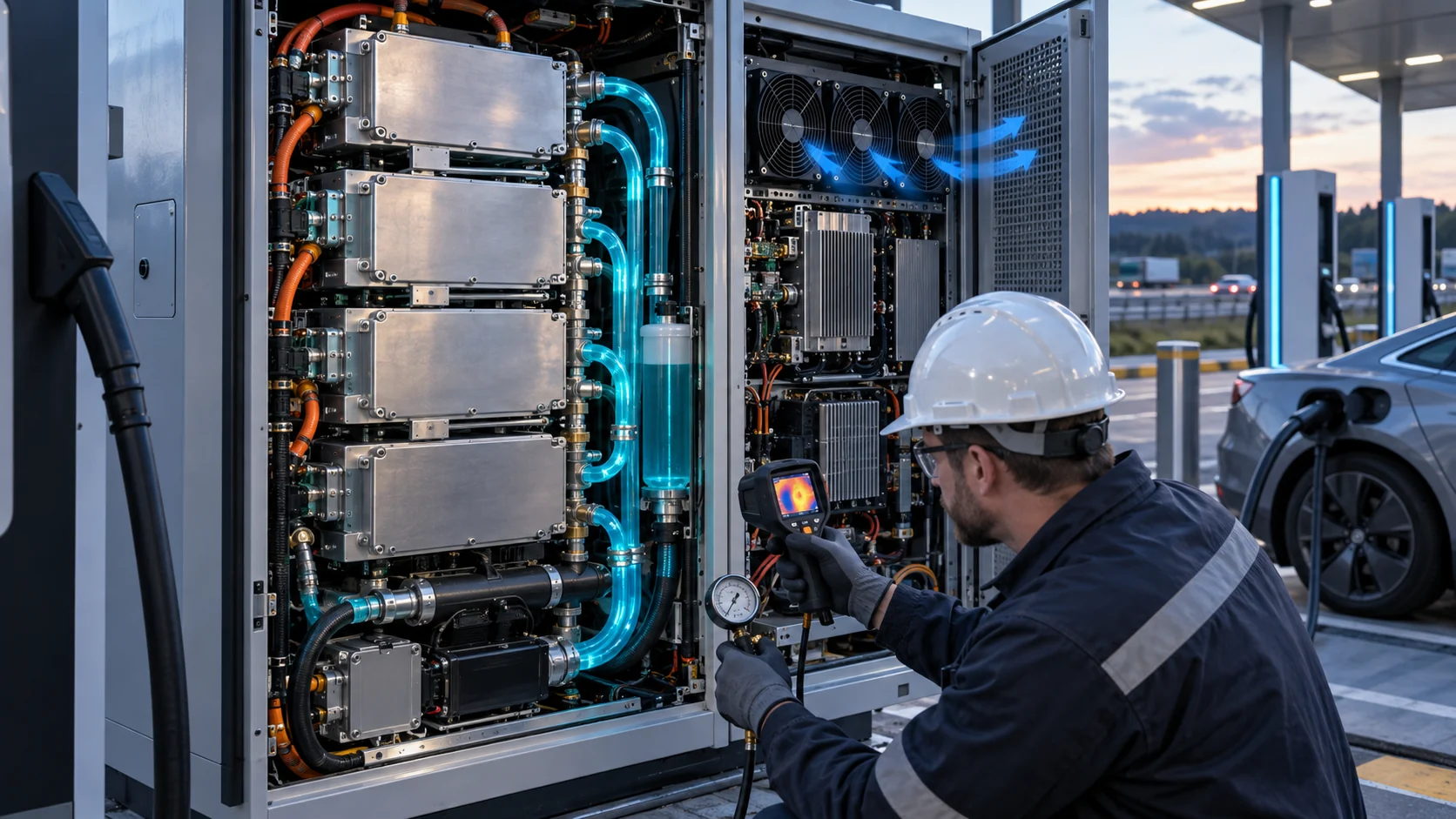 A megawatt-class charging site with a liquid-cooled power cabinet and radiator fan bank rejecting heat on a hot day, illustrating MCS cooling fan selection.