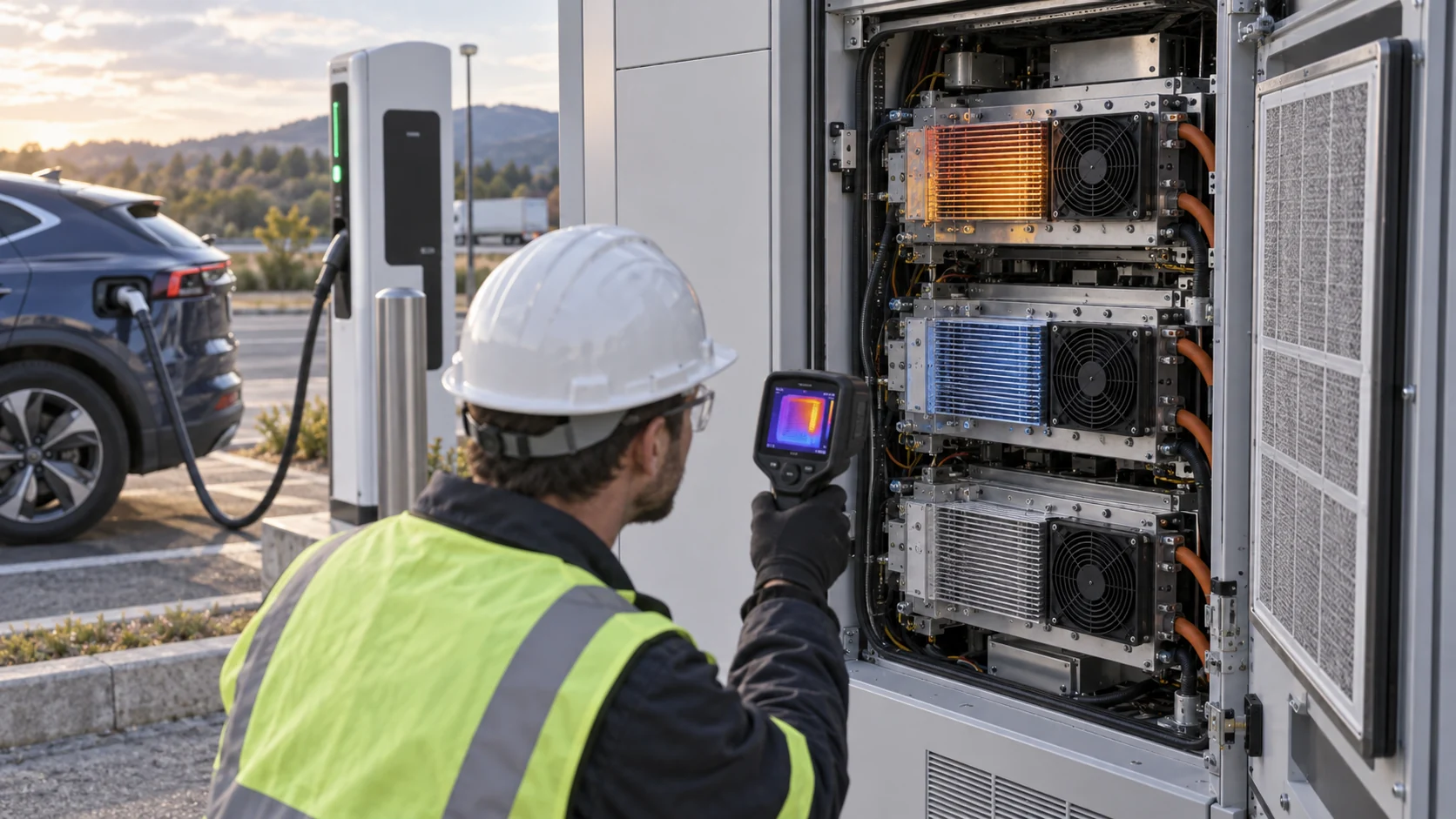 Engineer measuring heat on power modules and compact fans inside an outdoor EV fast-charger cabinet