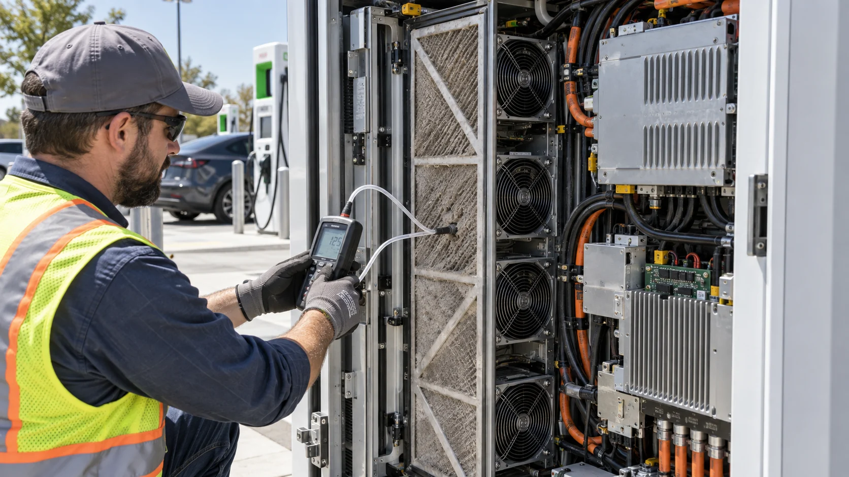 Engineer measuring filter pressure and fan airflow inside an outdoor DC fast charger