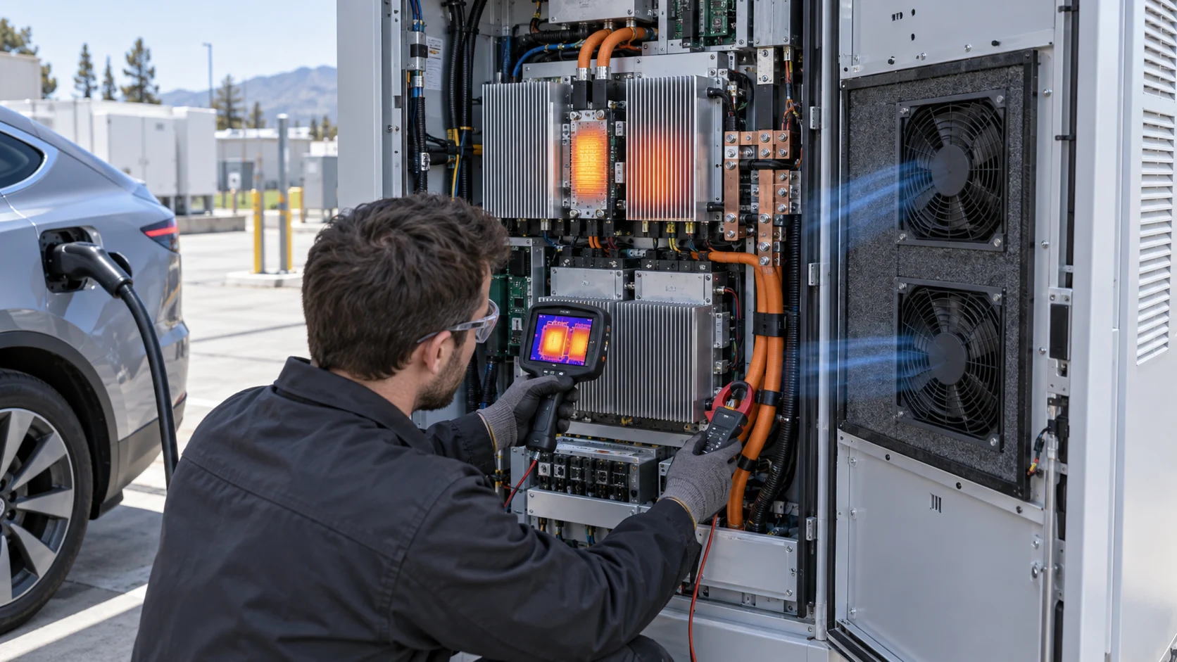 Engineer measuring heat sink temperature and fan current inside an outdoor DC fast EV charger cabinet