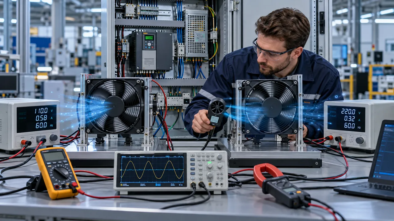 Engineer comparing 110V and 220V AC axial fan test setups with electrical instruments