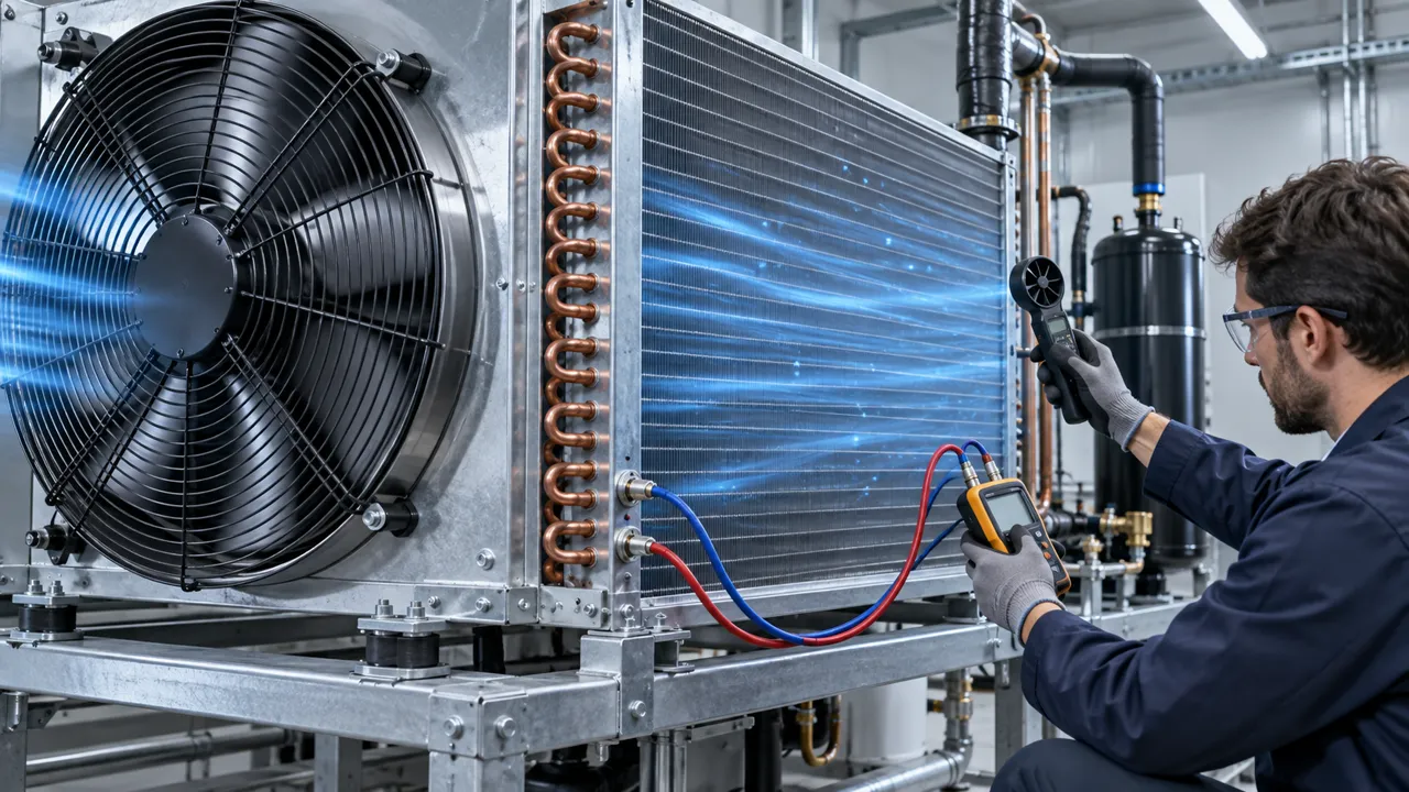 Engineer validating an AC fan and filtered outdoor heat-exchanger air path in hot humid conditions