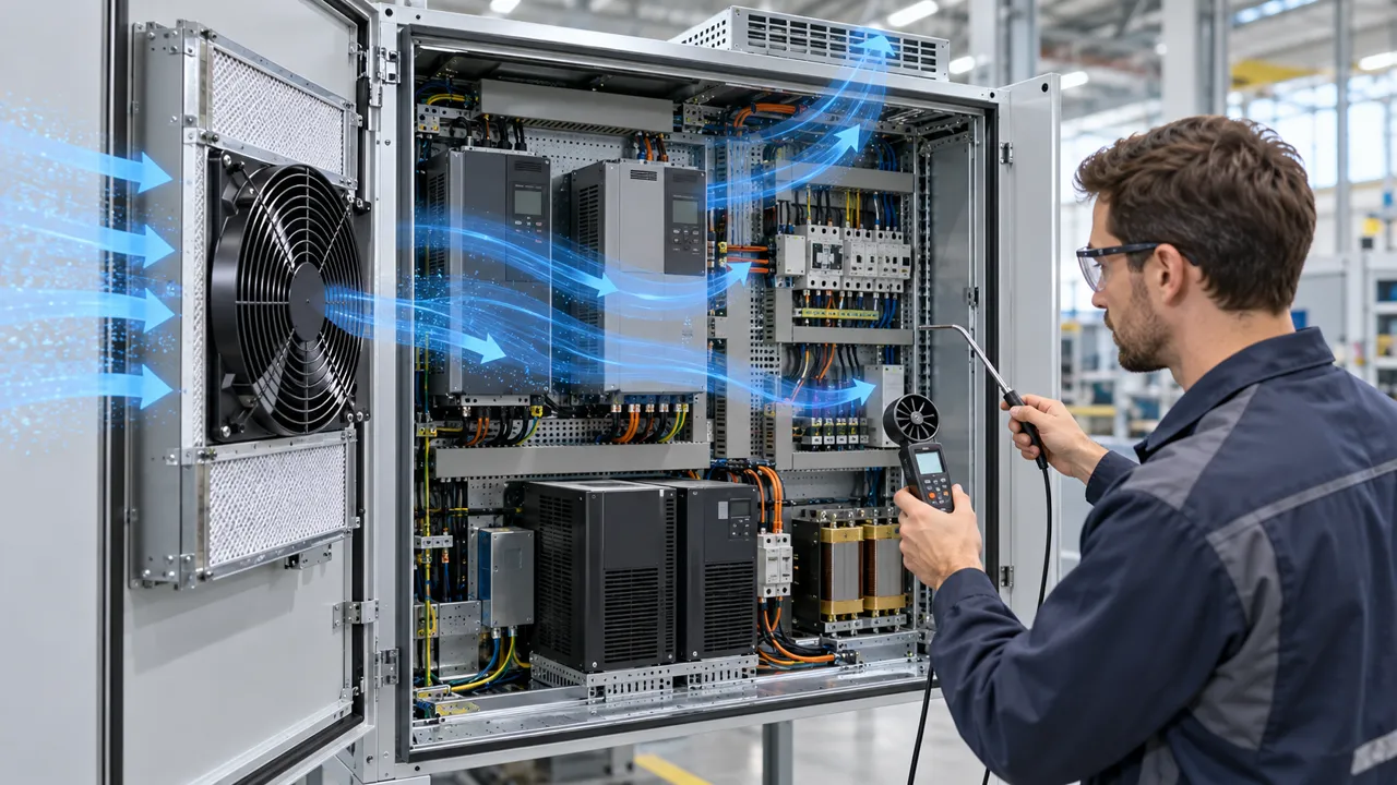 Engineer measuring airflow through an industrial electrical cabinet with an AC axial fan