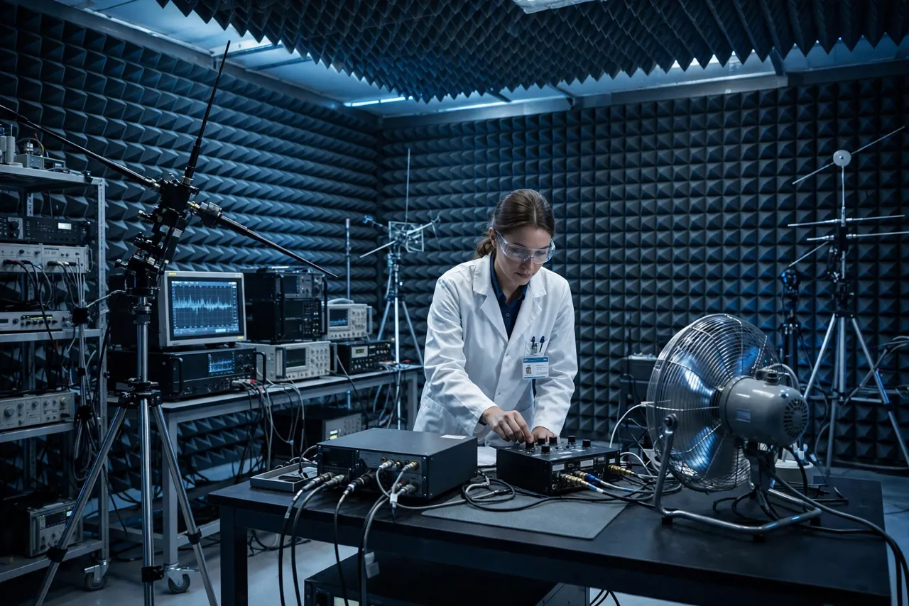Engineer operating an EMC test setup with a cooling fan in a semi-anechoic chamber