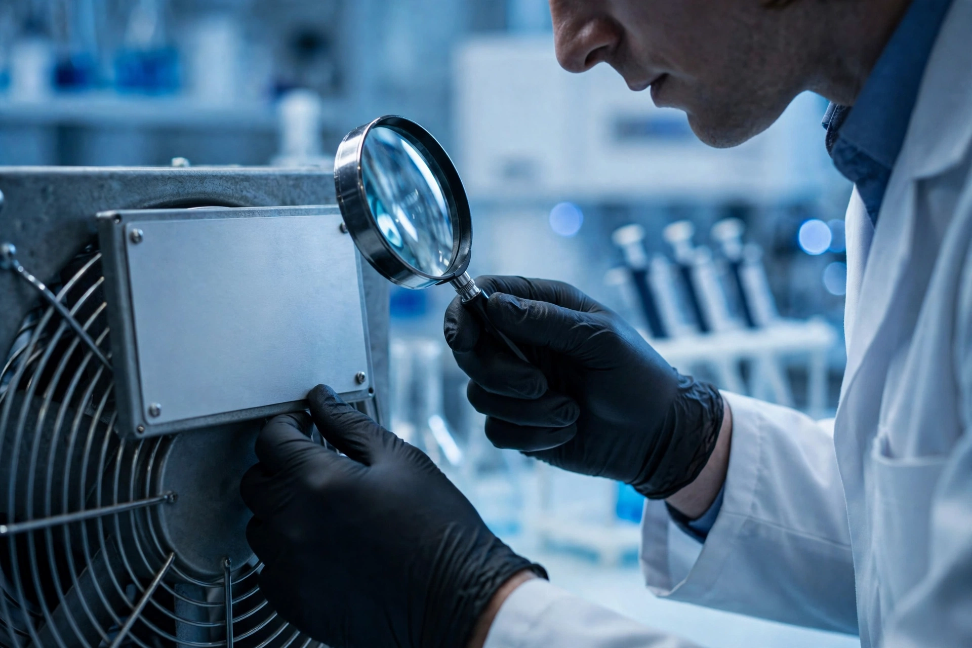 Engineer inspecting the certification marks on a cooling fan nameplate with a magnifying glass
