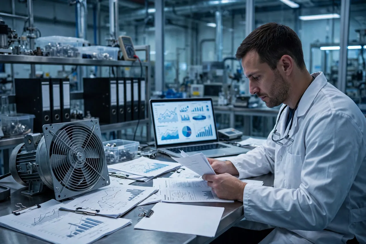 Engineer reviewing fan certification test reports in a laboratory