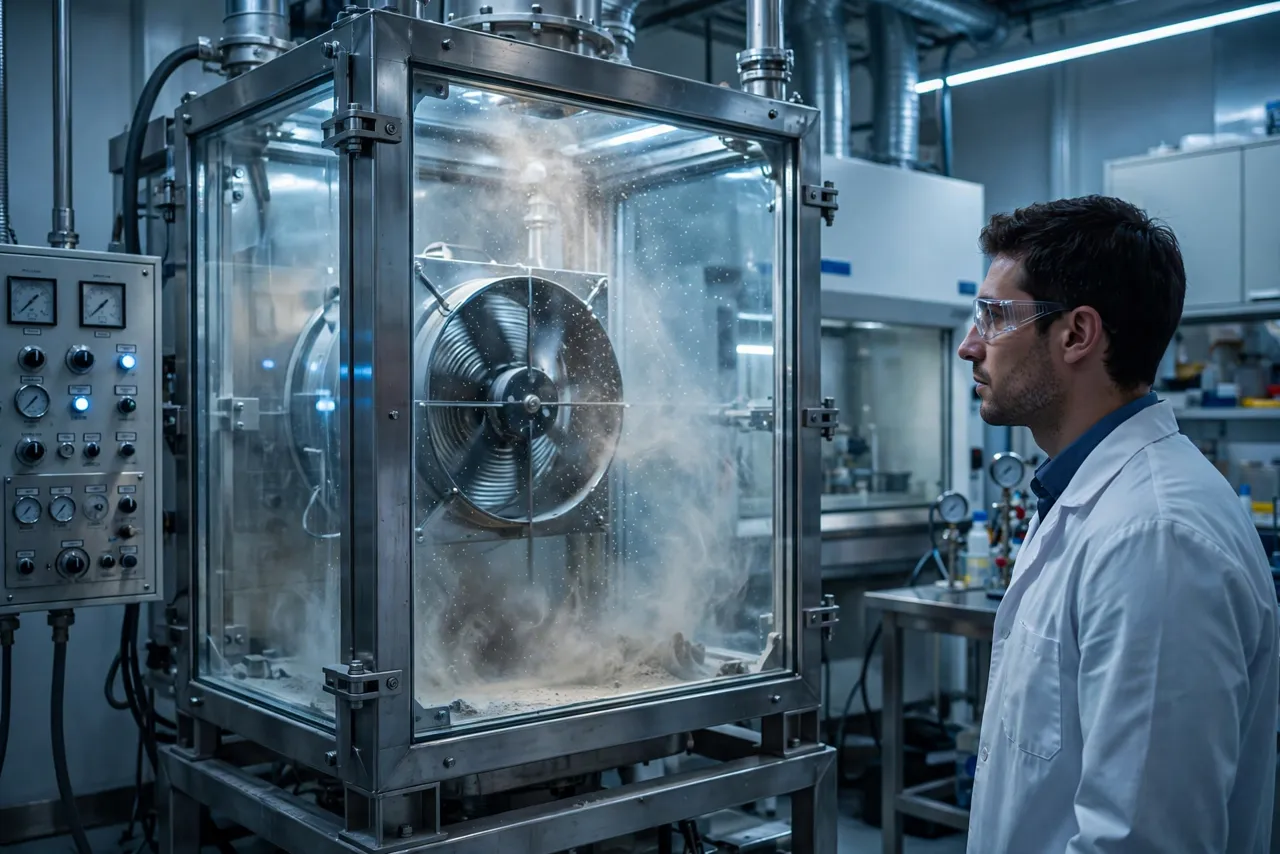 Engineer conducting a dust ingress test on an industrial cooling fan in a test chamber