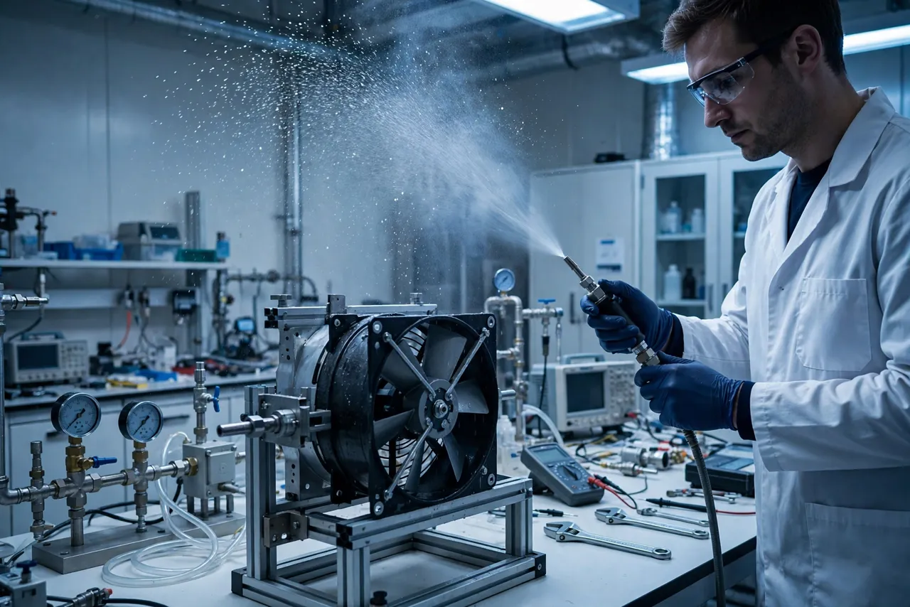 Cooling fan IP rating test for dust and water protection