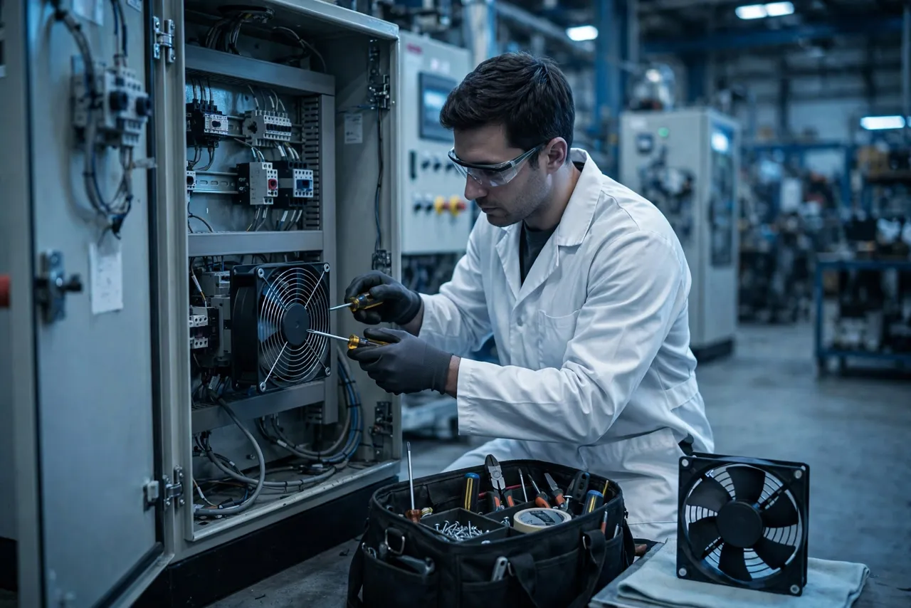 Engineer replacing a failed cooling fan inside an industrial control cabinet