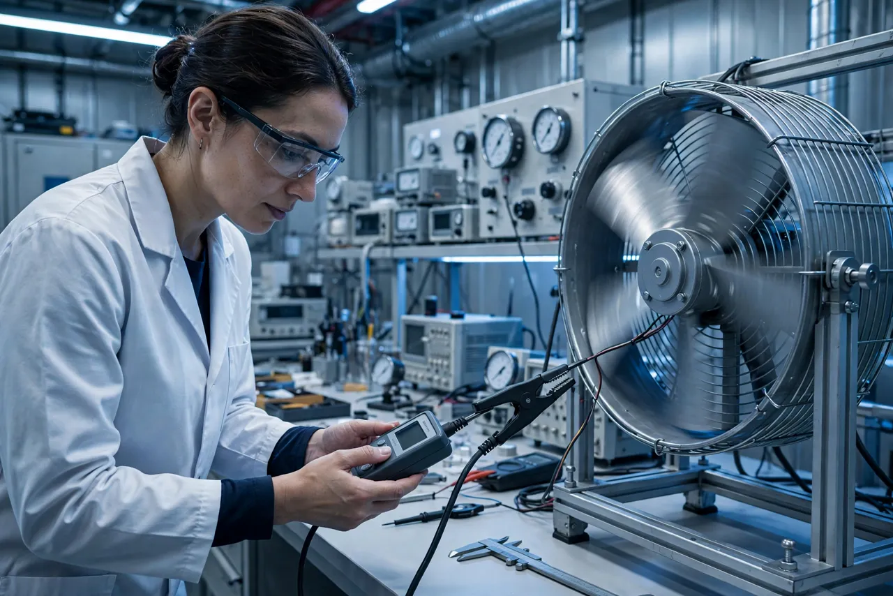 Engineer measuring the input power of a running cooling fan with a digital power meter