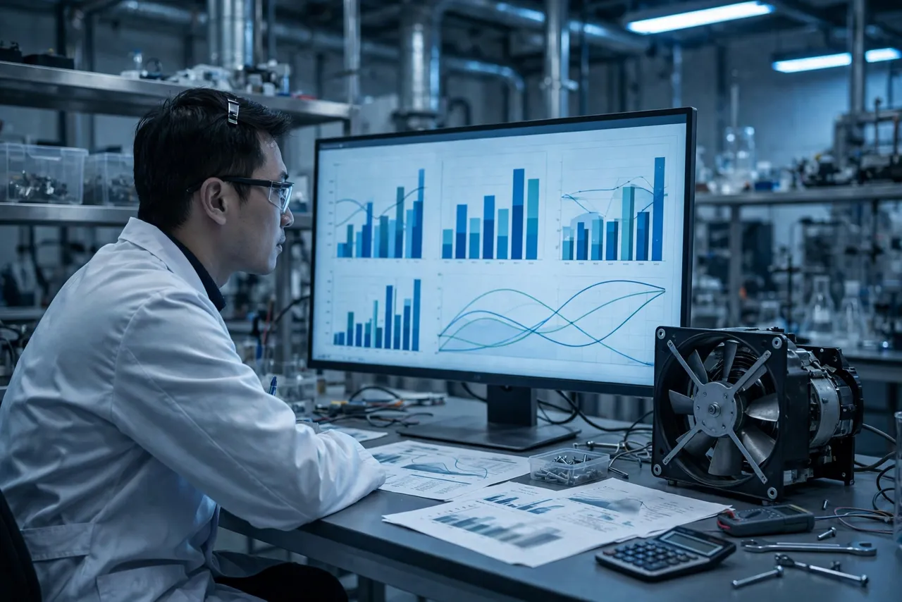 Engineer comparing cooling fan lifetime cost charts in a laboratory