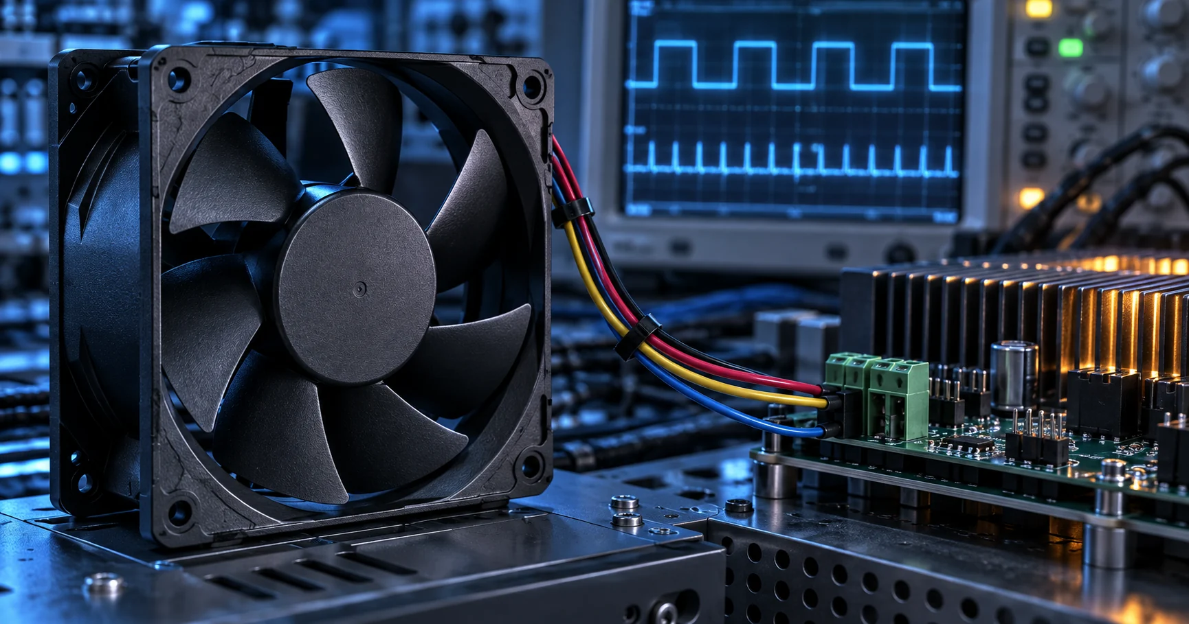 24V DC cooling fan connected to a PWM control board and oscilloscope in an industrial electronics test setup