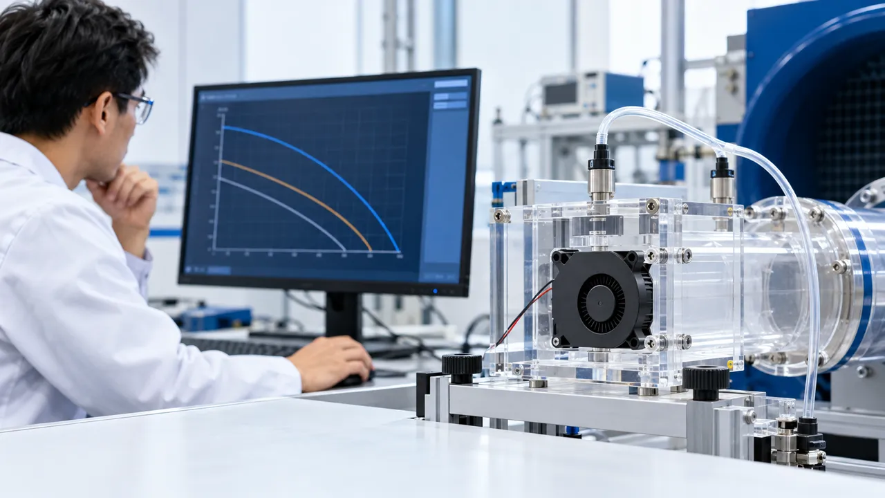 Engineer validating a compact 35 millimetre DC blower on a fan performance test bench