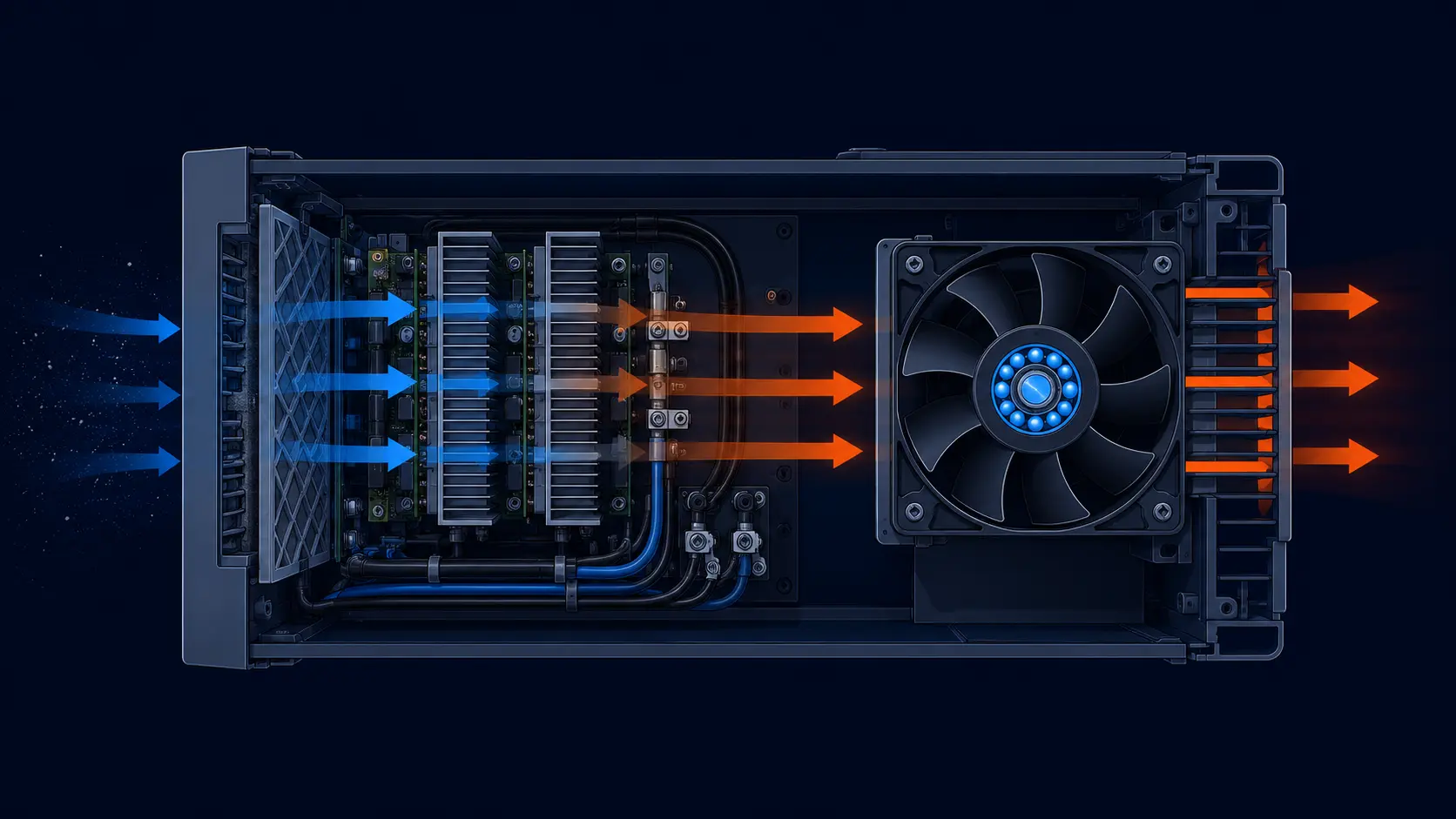 Cutaway of a dense industrial drive/IGBT power rack showing how filters, heat sinks and wiring restrict airflow, with a high-pressure axial fan pushing air through the load path