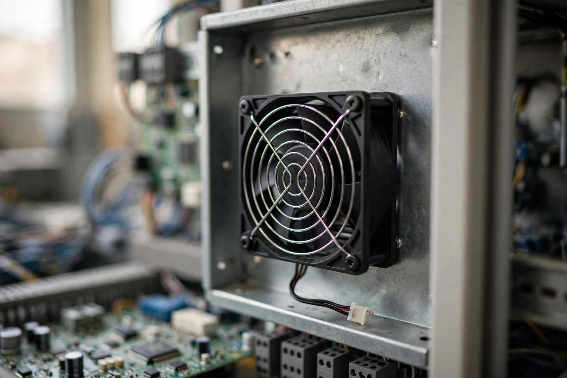 Small DC axial cooling fan mounted in an electronics enclosure