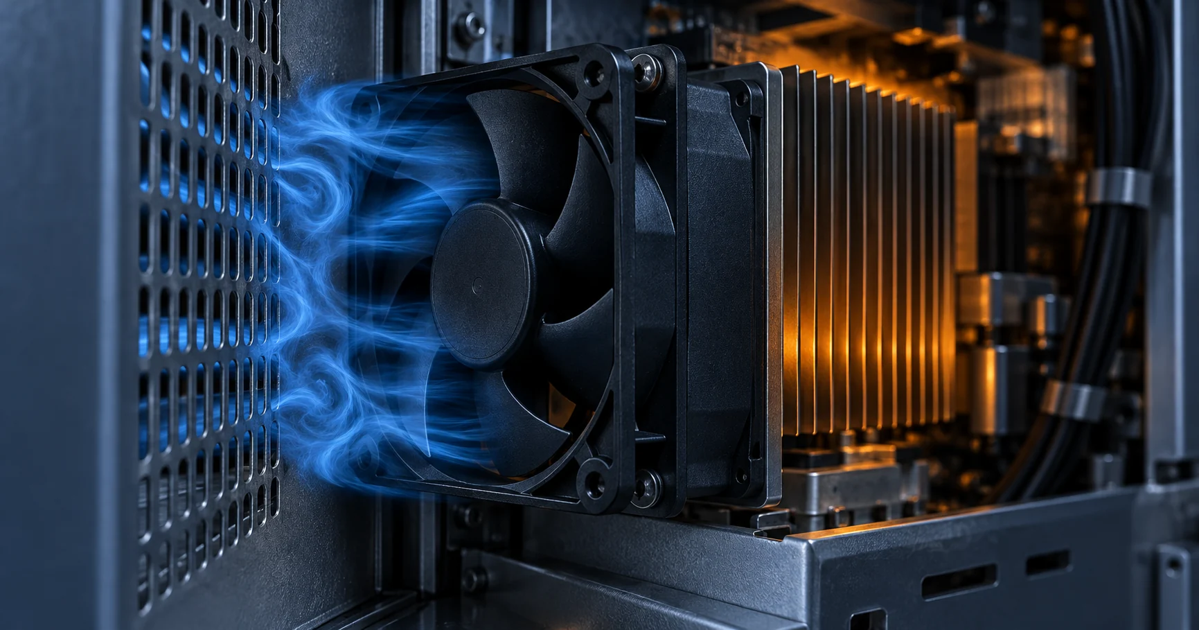 Compact axial cooling fan installed close to a grille and a heat sink with turbulent blue airflow
