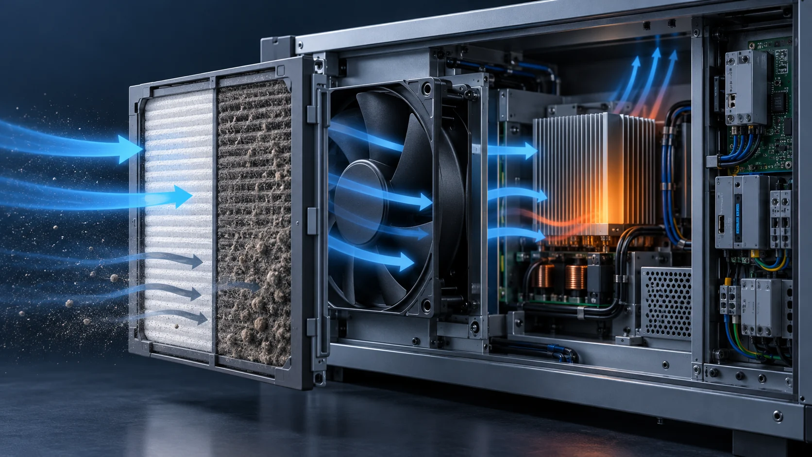 Industrial electronics cabinet with a dust-loaded intake filter, cooling fan, heat sink and restricted airflow