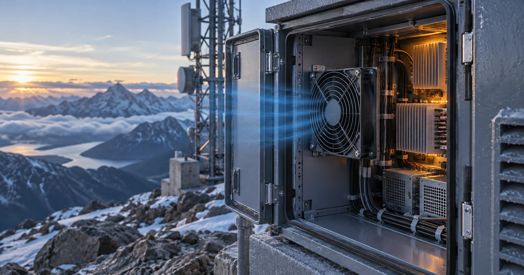 Outdoor power-electronics cabinet with a cooling fan operating at a mountain site and heat glowing inside the enclosure