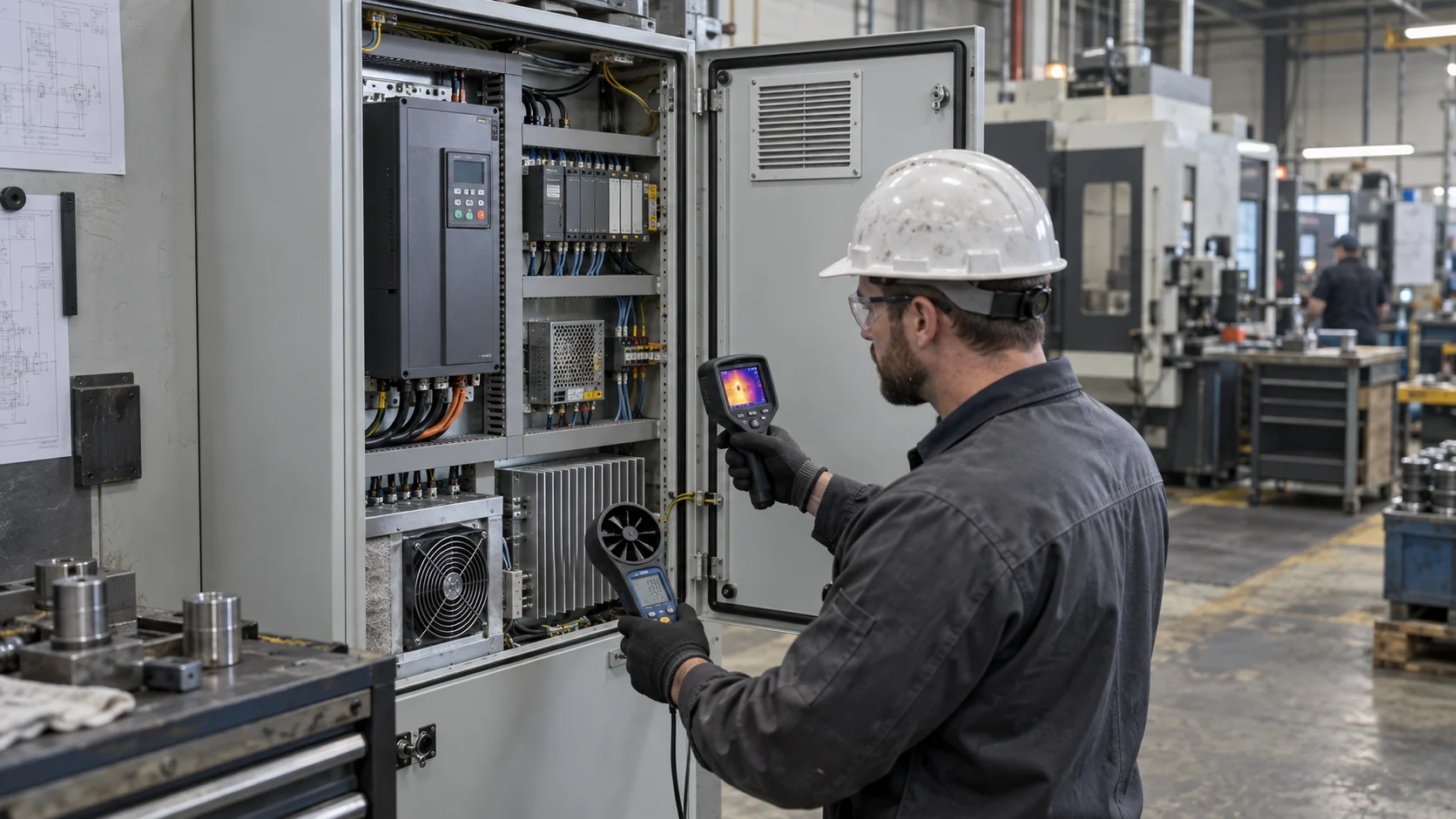 Engineer measuring temperature and airflow on an open industrial VFD and PLC control cabinet