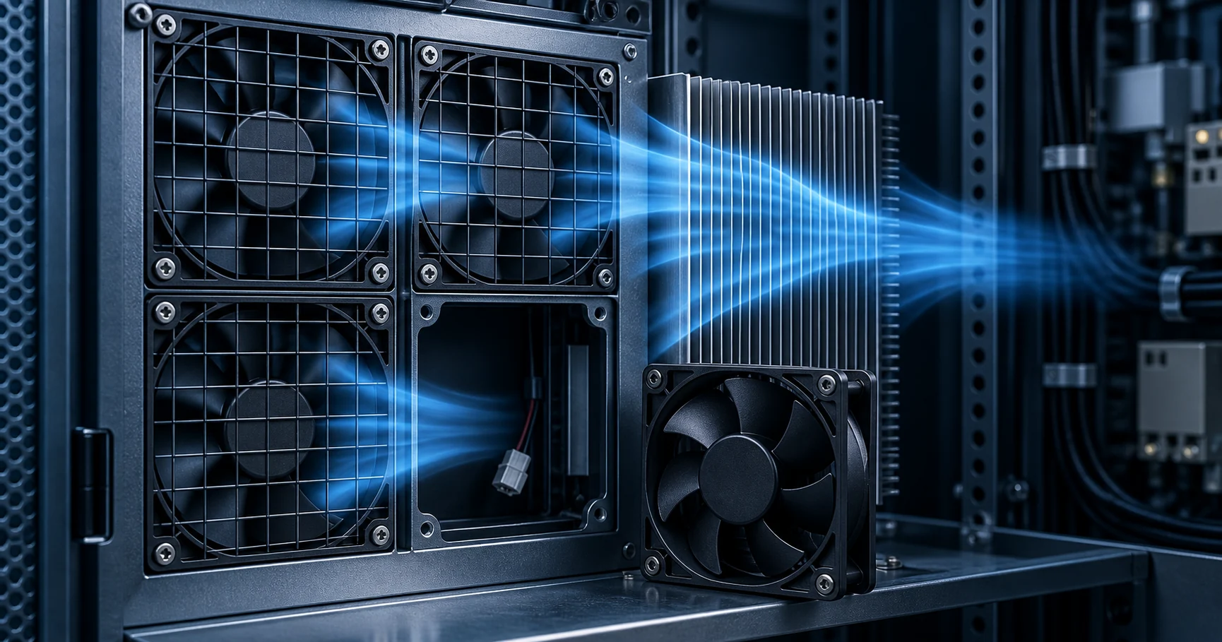 Industrial electronics cabinet with a parallel array of cooling fans, shared airflow path and one service bay