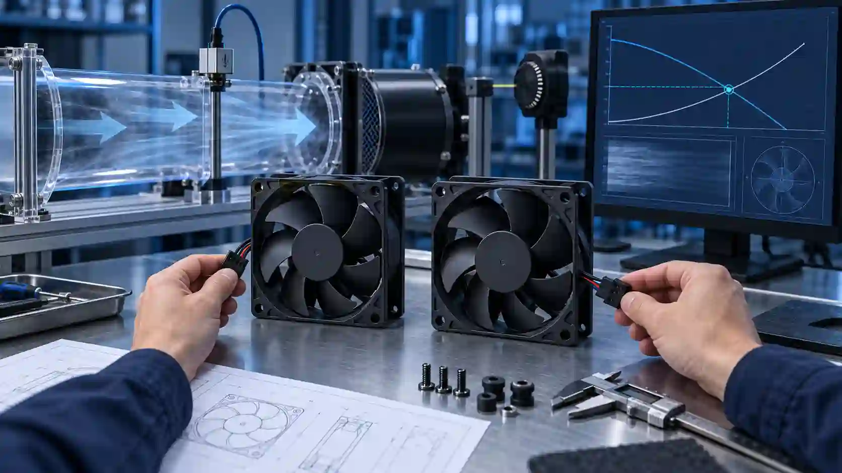 Two similar cooling fan samples being compared beside a transparent airflow test duct, pressure sensor and fan operating-point graph