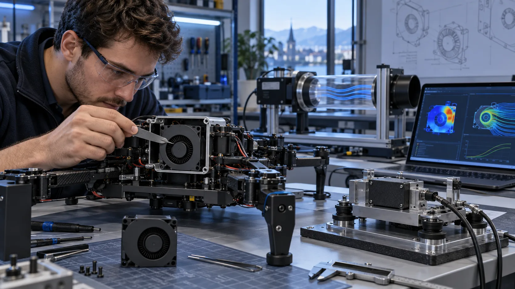 Engineer checking a compact blower inside a drone prototype beside airflow and vibration test equipment