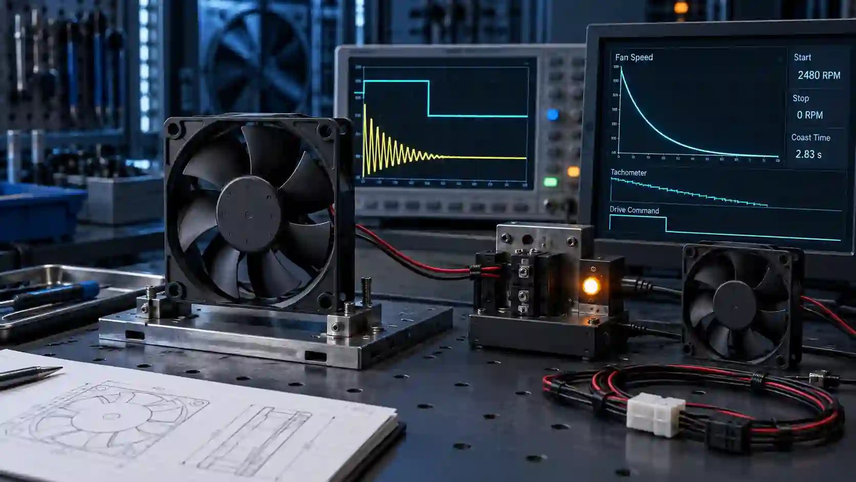 Two cooling fan samples on a motor-control test bench with oscilloscope traces and a coast-down curve after power-off