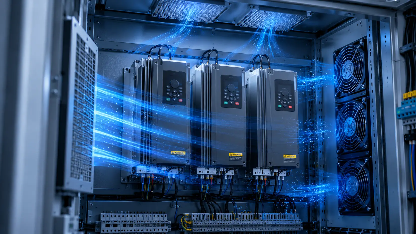 Inside an industrial motor control cabinet with variable-frequency drives on finned heat sinks and 24V cabinet fans drawing air past them