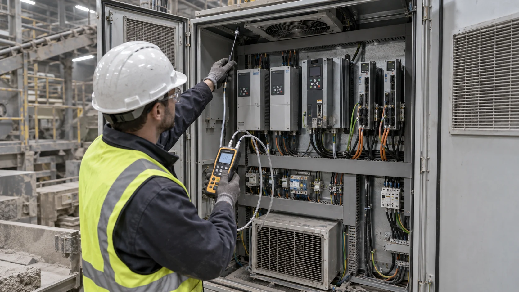 Engineer measuring airflow and temperature in an open industrial VFD control cabinet