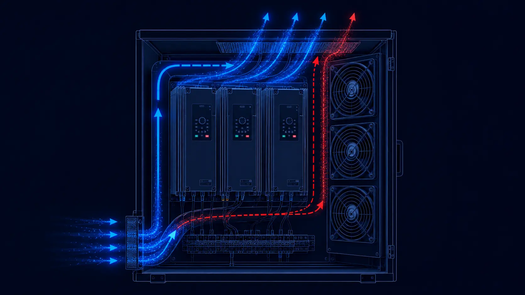 VFD cabinet cross-section showing luminous blue air correctly guided by a baffle through the heat-sink fins to the exhaust, while a dashed red stream bypasses the sink through the clearance gap and a red arrow short-circuits from inlet to outlet