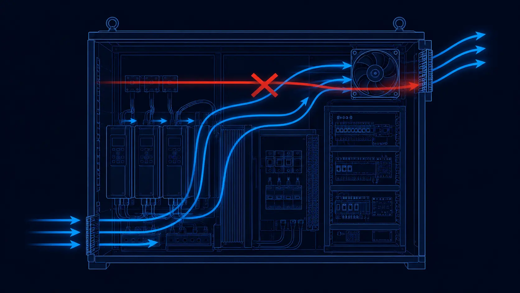 Industrial cabinet airflow path schematic: cooling air enters low, sweeps up through the drive heat sinks and control stack, and exhausts high on the opposite corner rather than short-circuiting from inlet to outlet