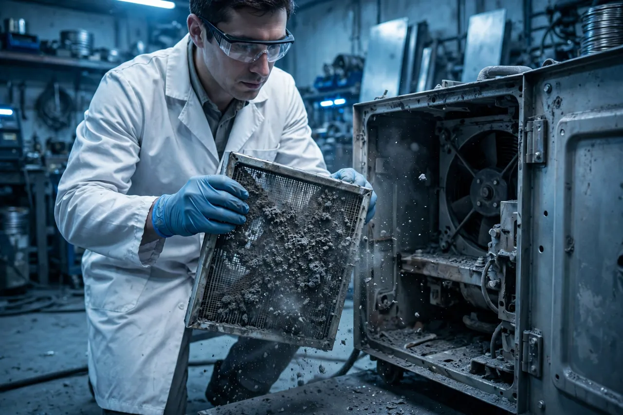 Engineer inspecting a dust-clogged filter on a welder cooling fan