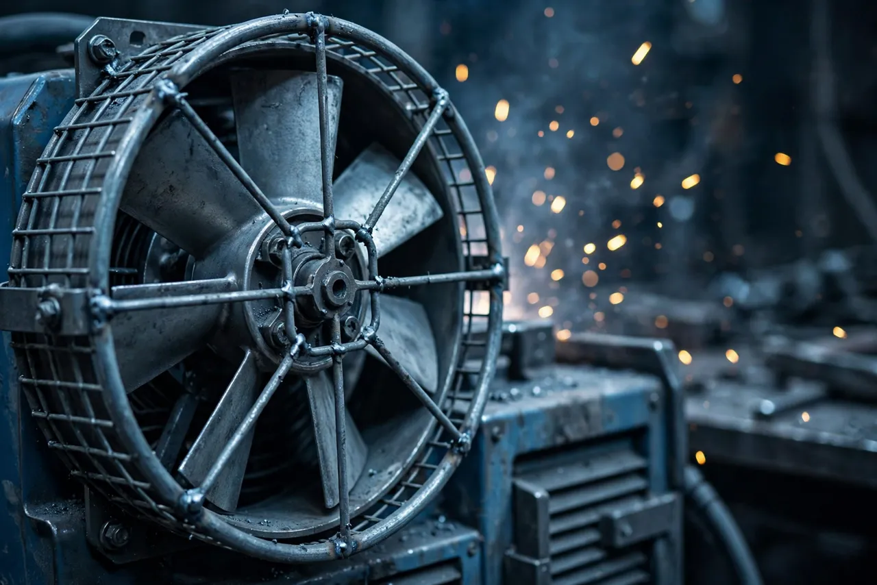 Close-up of a welder cooling fan impeller and guard showing spatter protection design