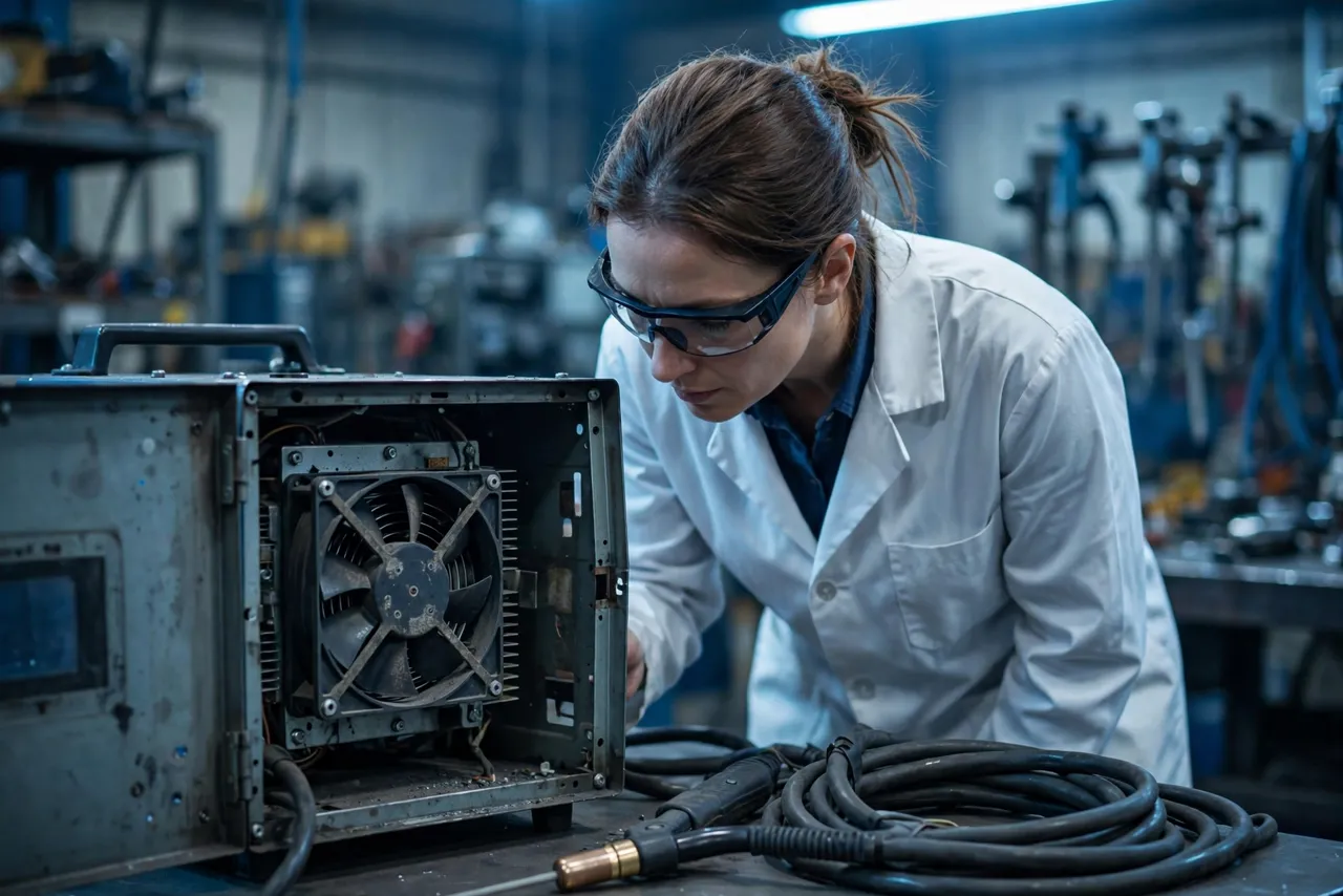 Engineer inspecting the cooling fan inside an opened welding machine