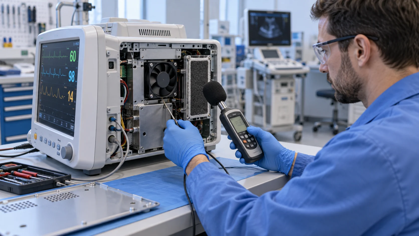 Engineer measuring noise and temperature on an open medical monitor cooling fan assembly