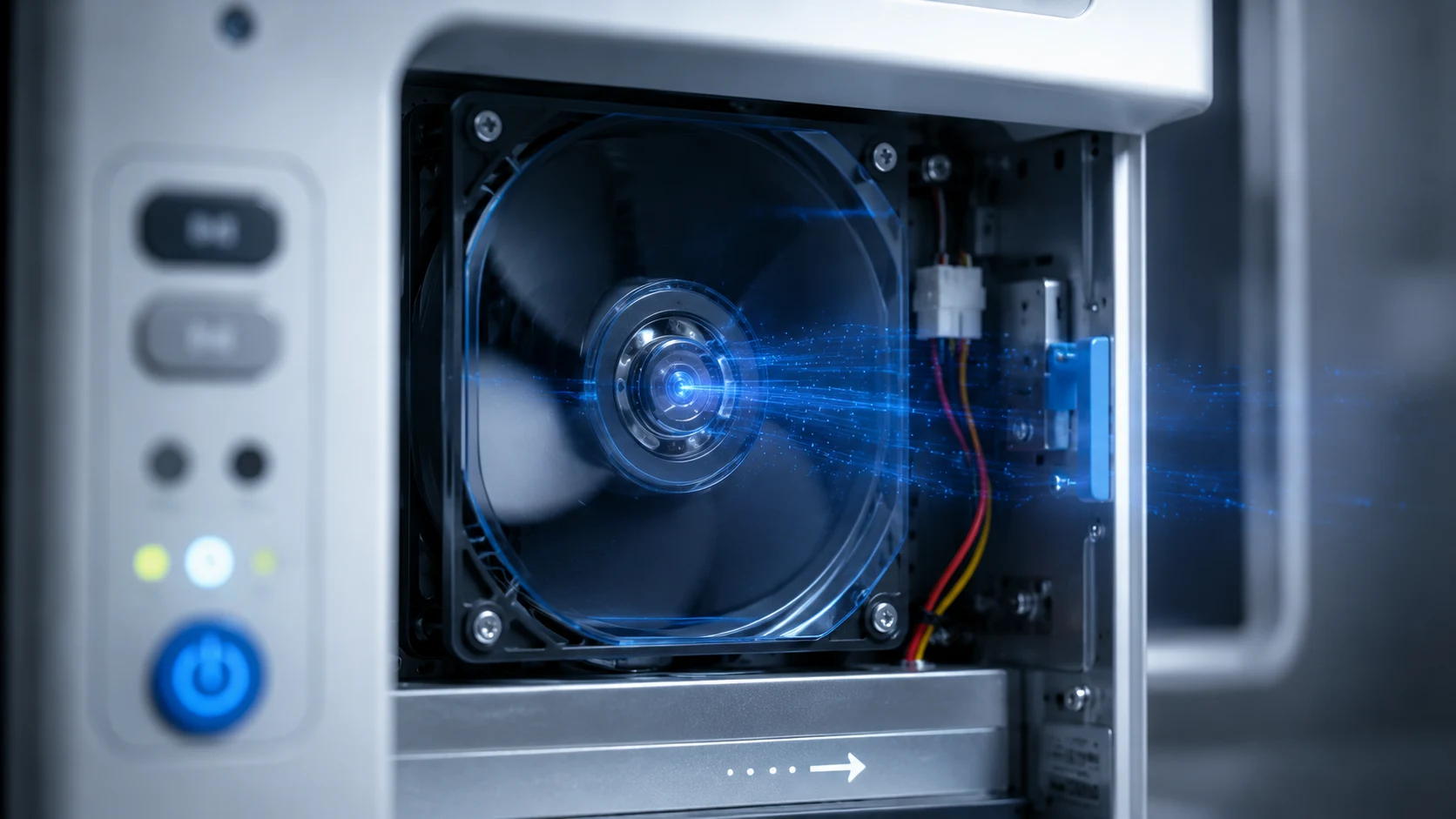 Dual ball-bearing 24V DC axial fan behind a dust shield inside a medical device drive bay
