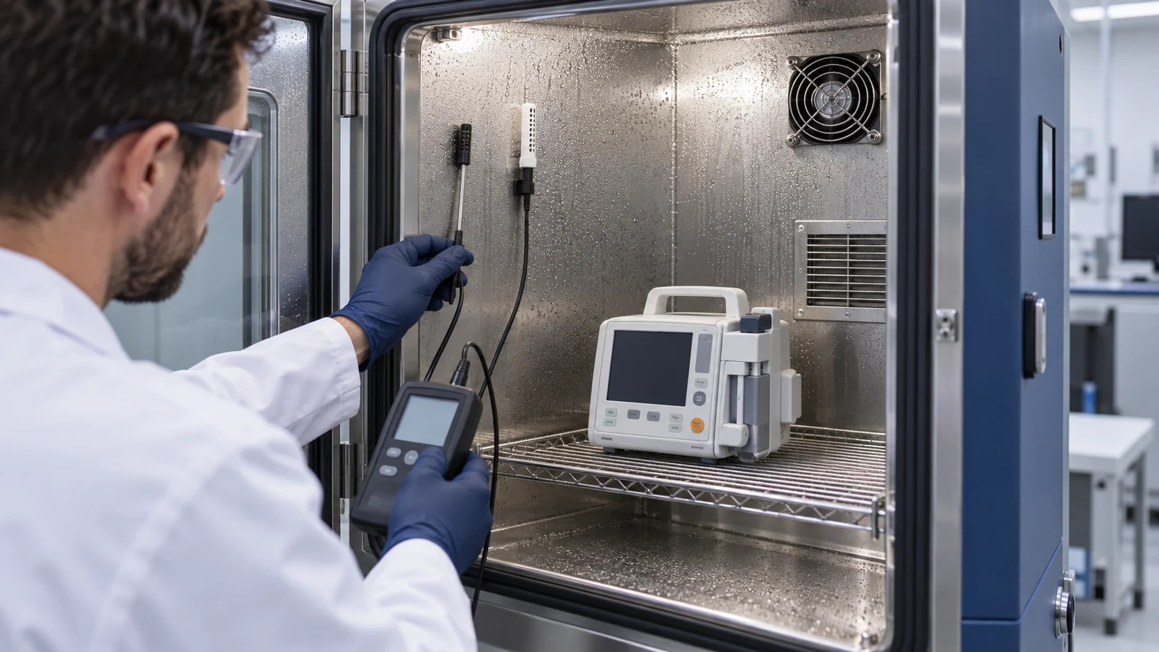 Engineer checking humidity and dew point near a medical equipment cooling fan inside an environmental test chamber