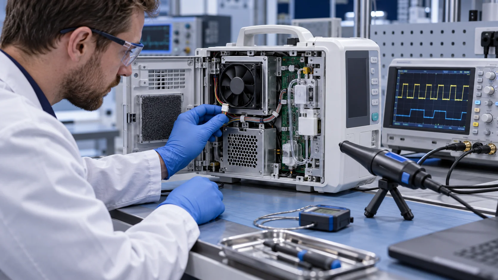 Engineer checking a medical equipment cooling fan, alarm feedback and electrical test probes on a clean laboratory bench