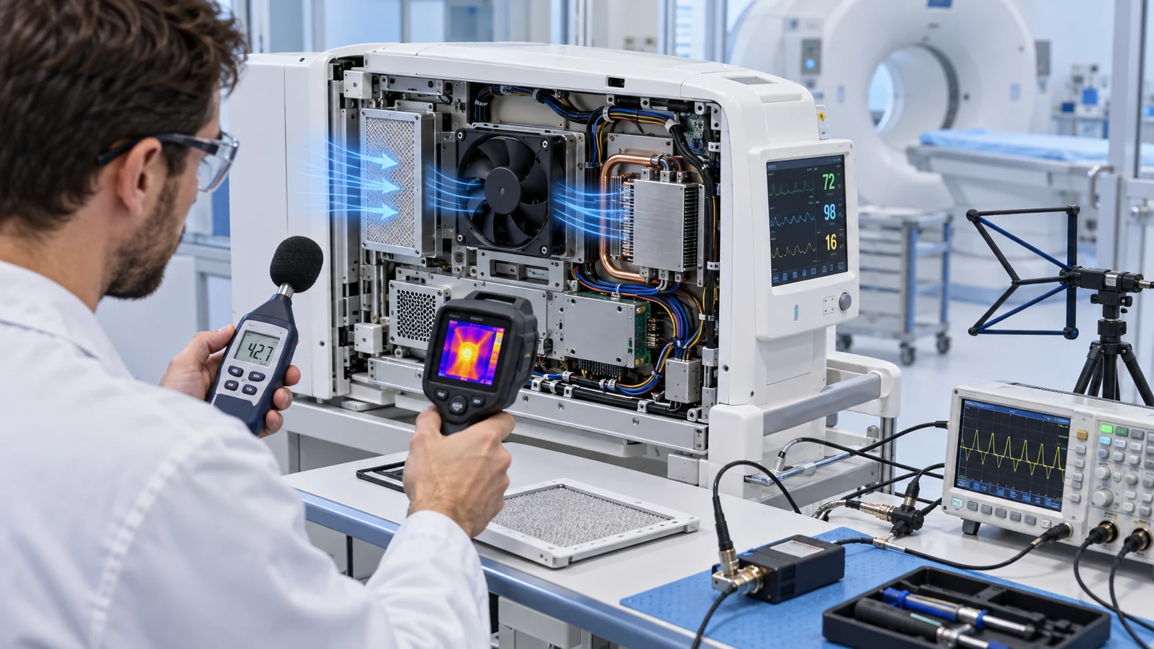 Biomedical engineer measuring noise, temperature and fan behavior in an opened medical equipment enclosure