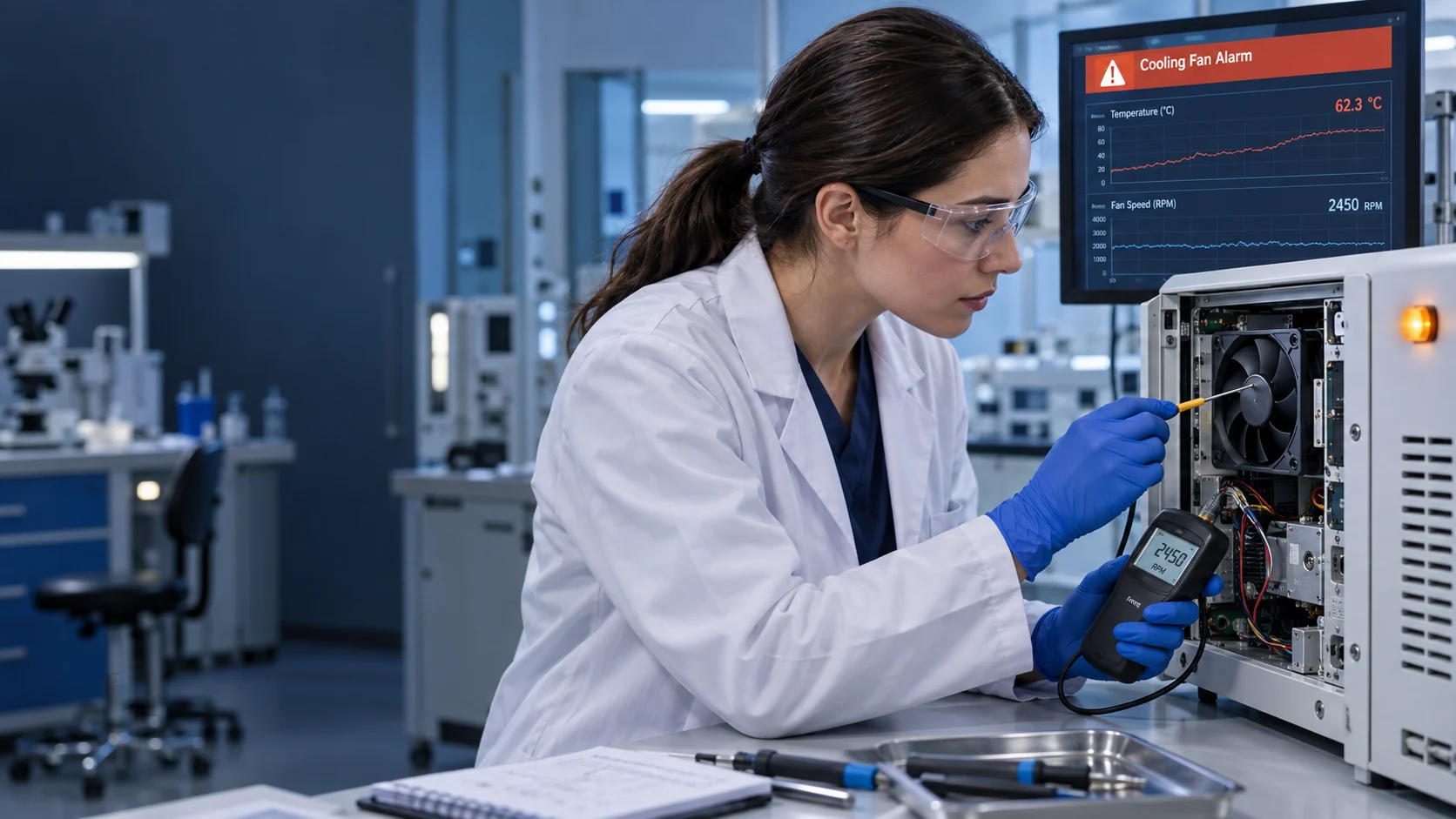 Biomedical engineer testing a medical equipment cooling fan while a fan alarm and temperature trend are visible