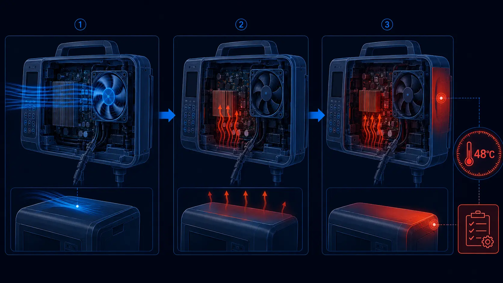 Three-step diagram of a medical device fan stopping, heat climbing, and an accessible surface reaching its defined safety limit